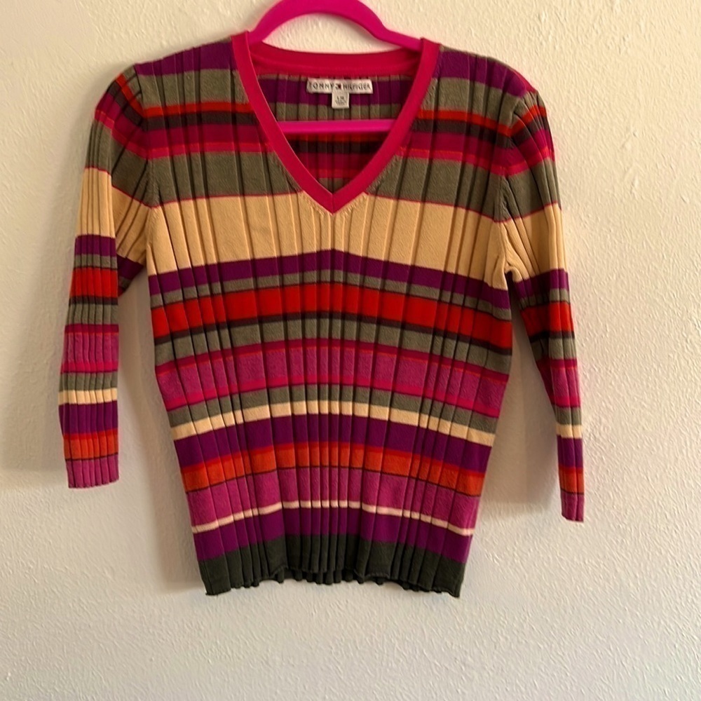 Tommy Hilfiger Preppy 3/4 Sleeve Rib Knit Multi Color V Neck Striped Sweater L